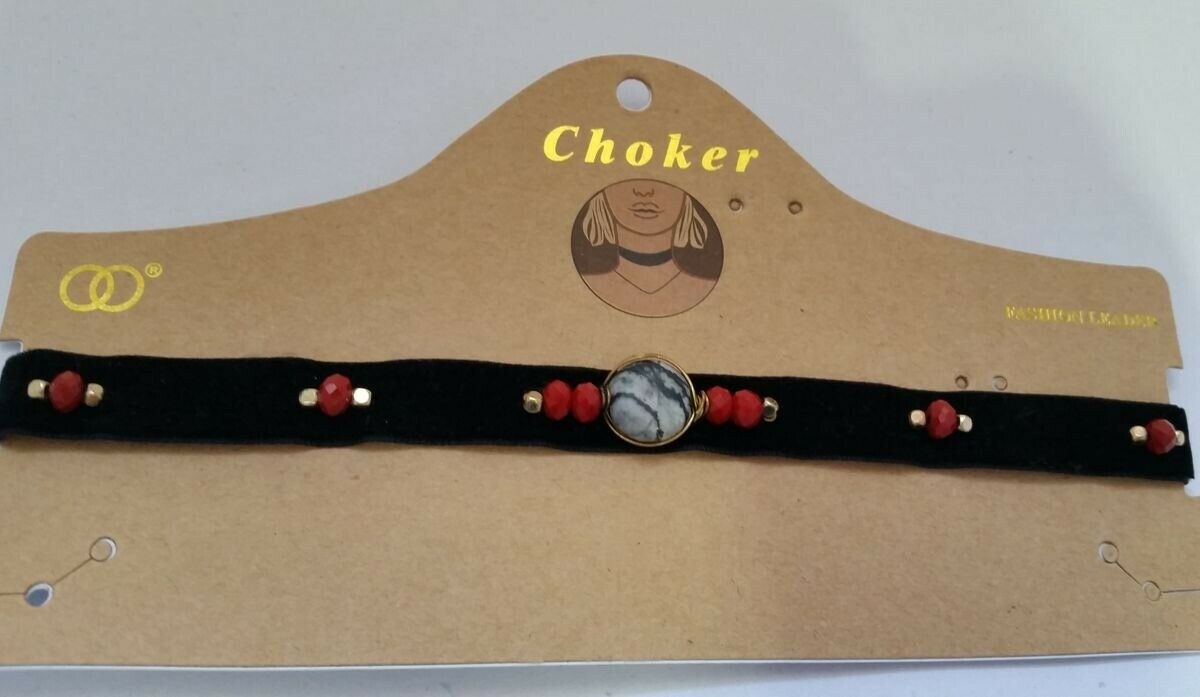 

Black Velvet Choker Necklace with red crystals wired Gray Stone Beads Z2-19 22
