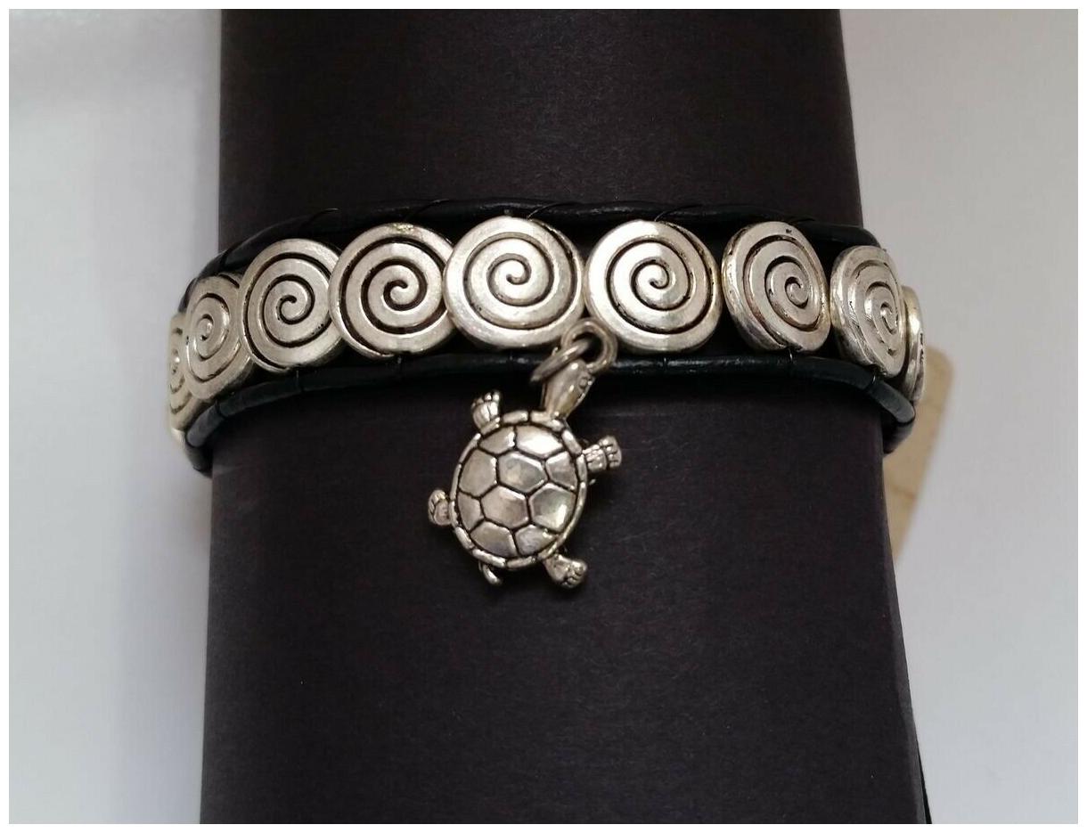 

BLACK wax cord silver-tone metal swirl spiral turtle charm Bracelet N9-17 22