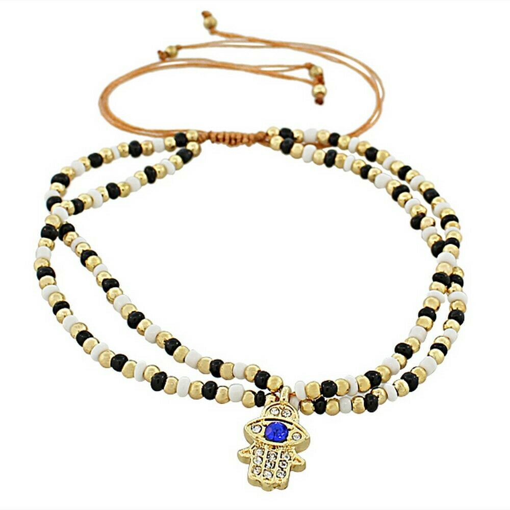 

Black White Blue Crystals CZ Gold Hamsa Evil Eye Beaded Adjustable Bracelet