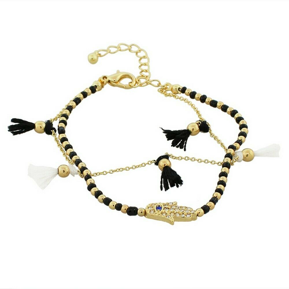 

Black White Gold Crystals CZ Hamsa Evil Eye Adjustable Beaded Bangle Bracelet