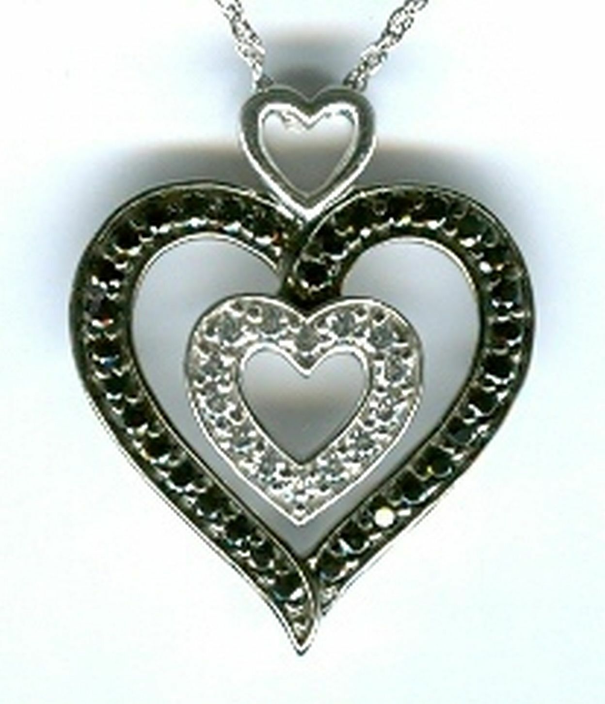 

Black White CZ Tripl Heart Rhodium Plted 925 Sterling Silver Pendant Necklace