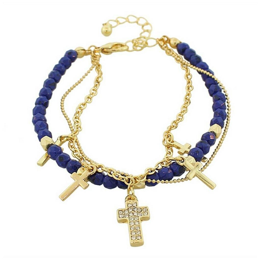 

Blue Gold Crystals CZ Cross Religious Adjustable Stretch Beaded Bangle Bracelet