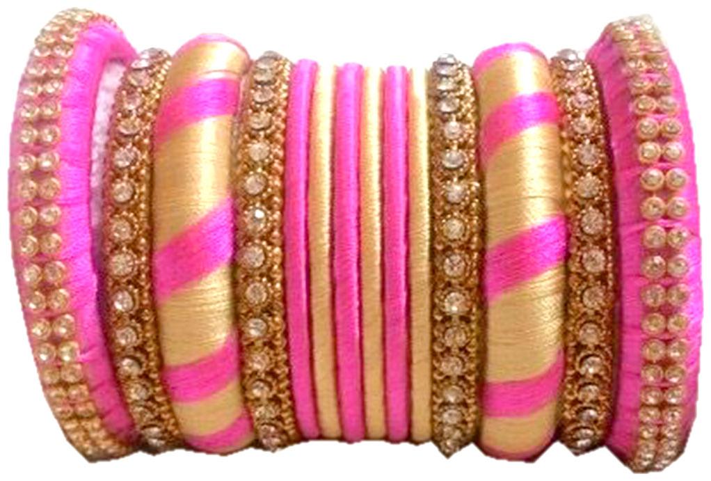 

Blue jays hub silk thread bangles gold and pink color set of 14
