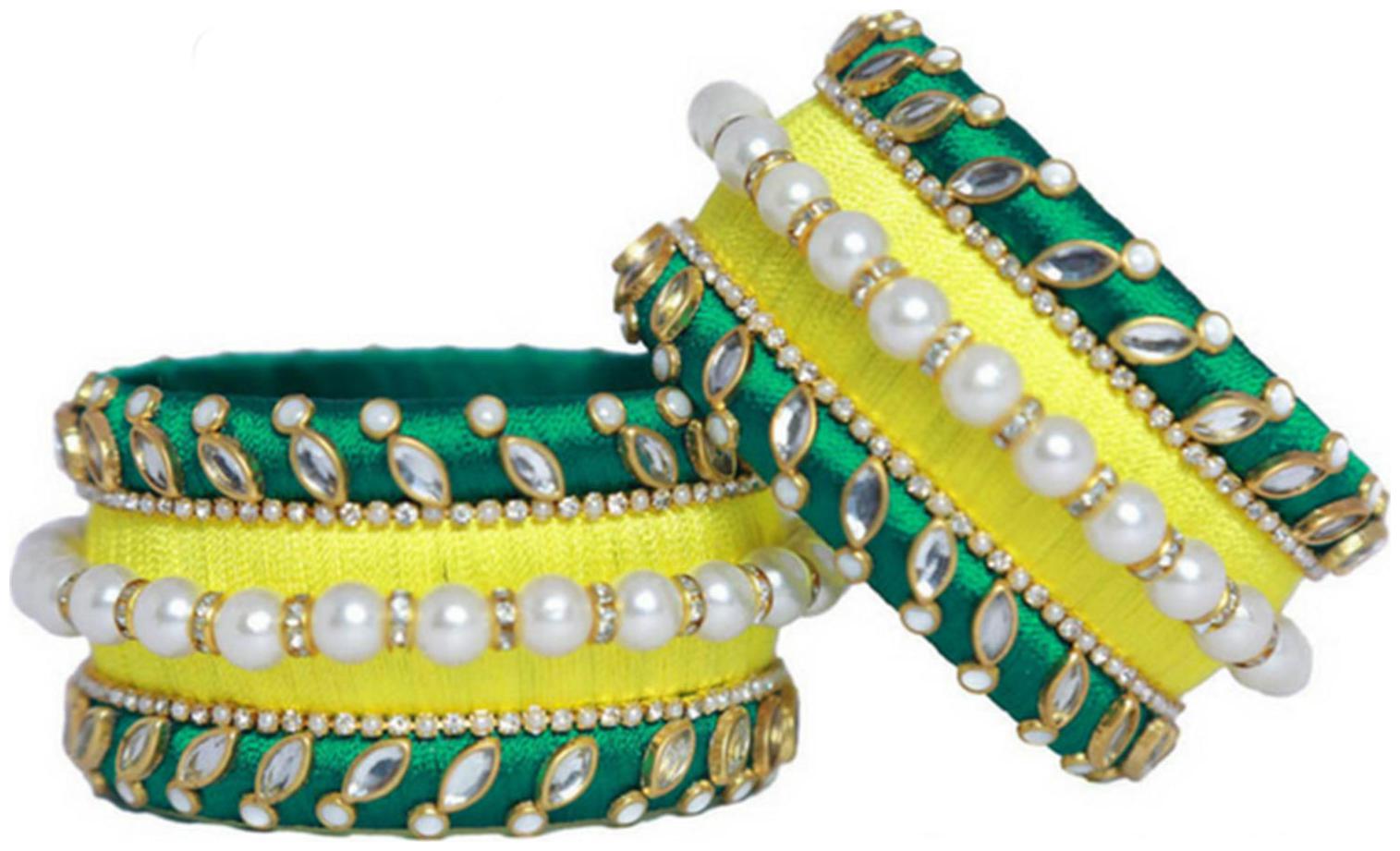 

Blue jays hub silk thread bangles dark green and lemon color set