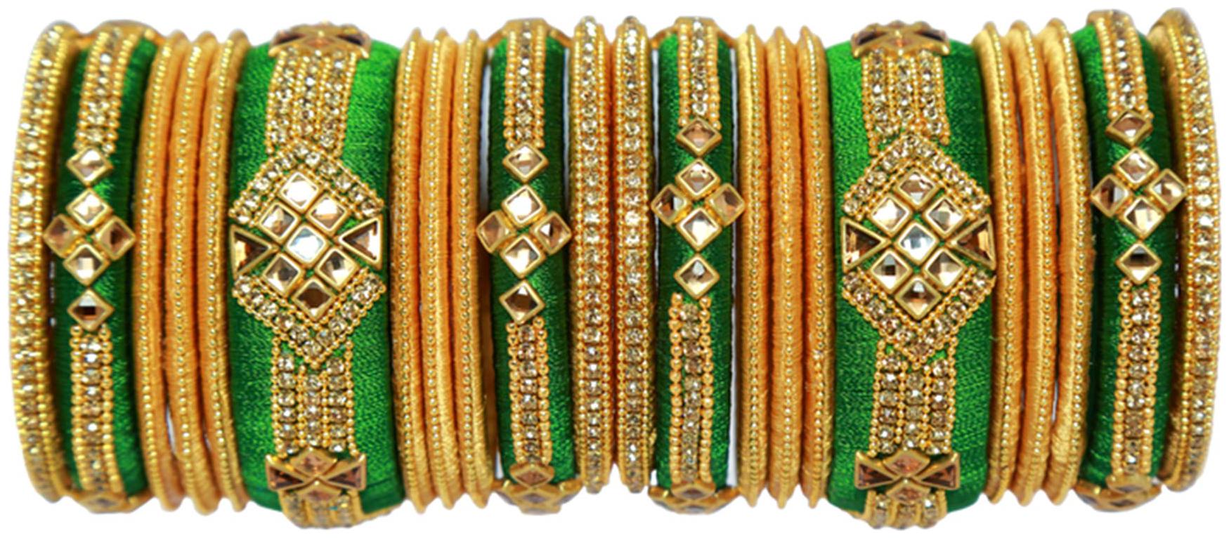 

Blue jays hub silk thread bangles green and gold color set of 22