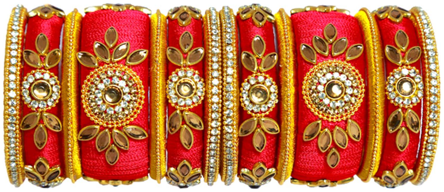 

Blue jays hub silk thread bangles red and gold color set of 14