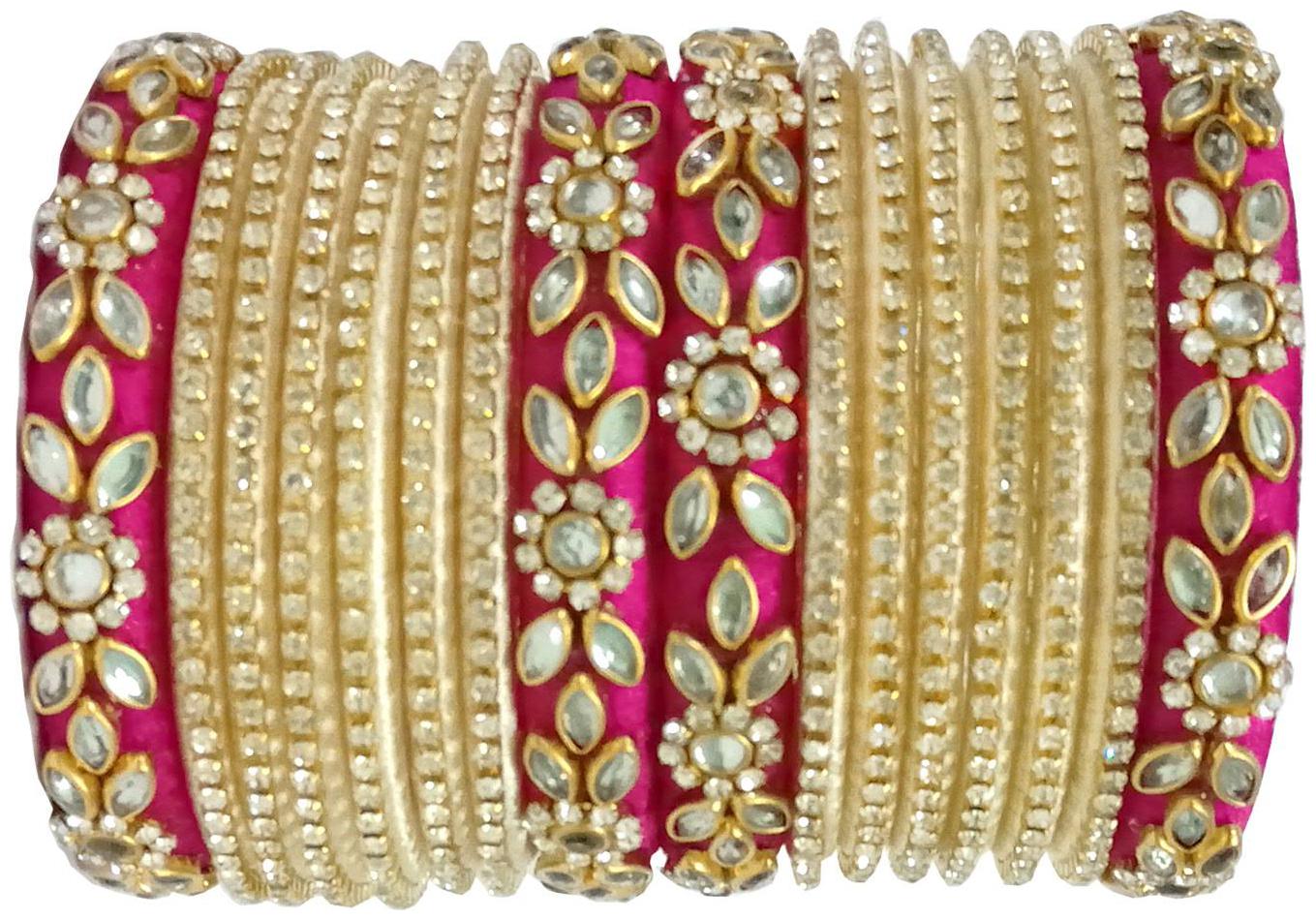 

Blue jays hub silk thread bangles Pink and Off white set of 16