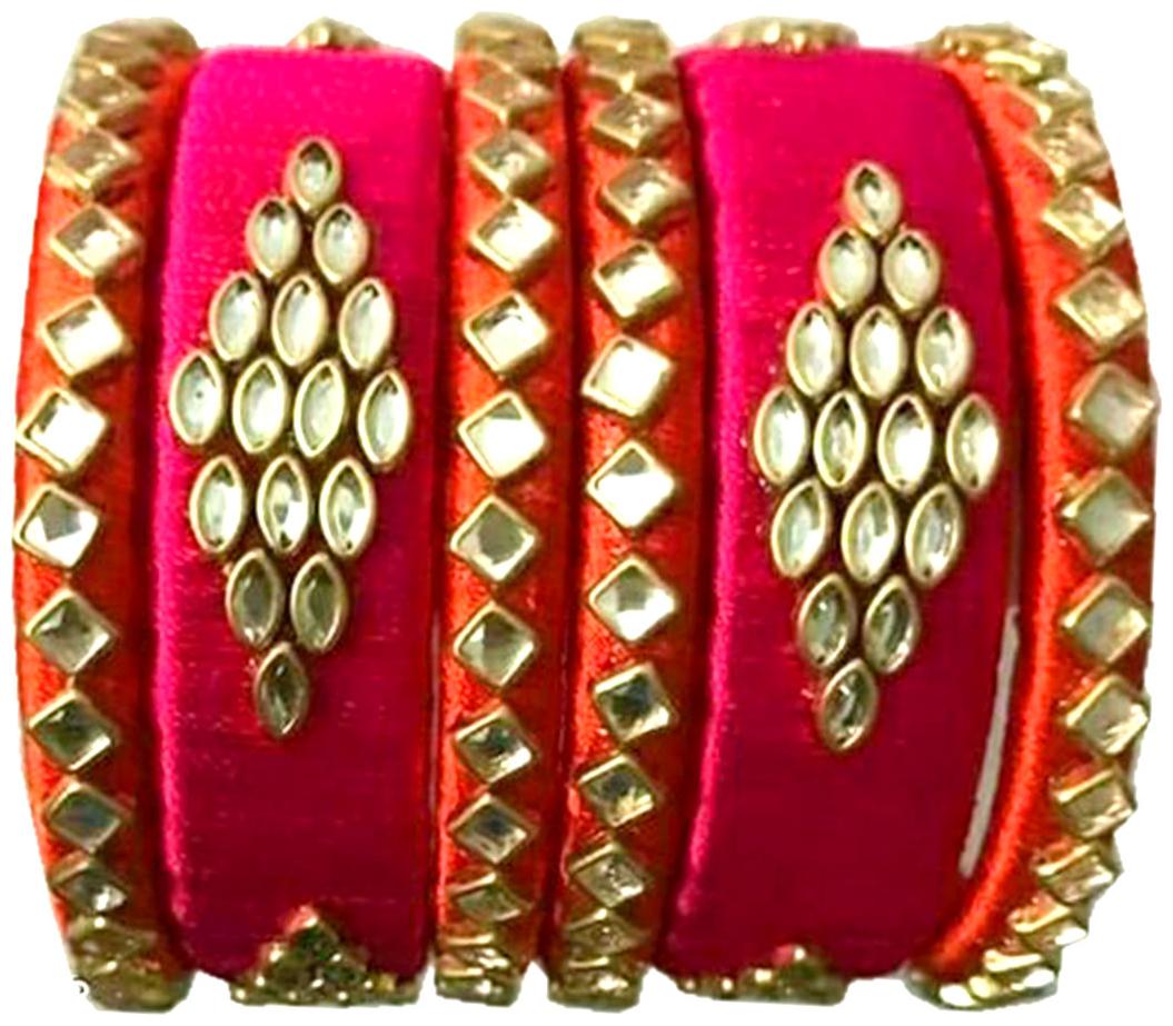 

Blue jays hub silk thread bangles orange and pink color set of6