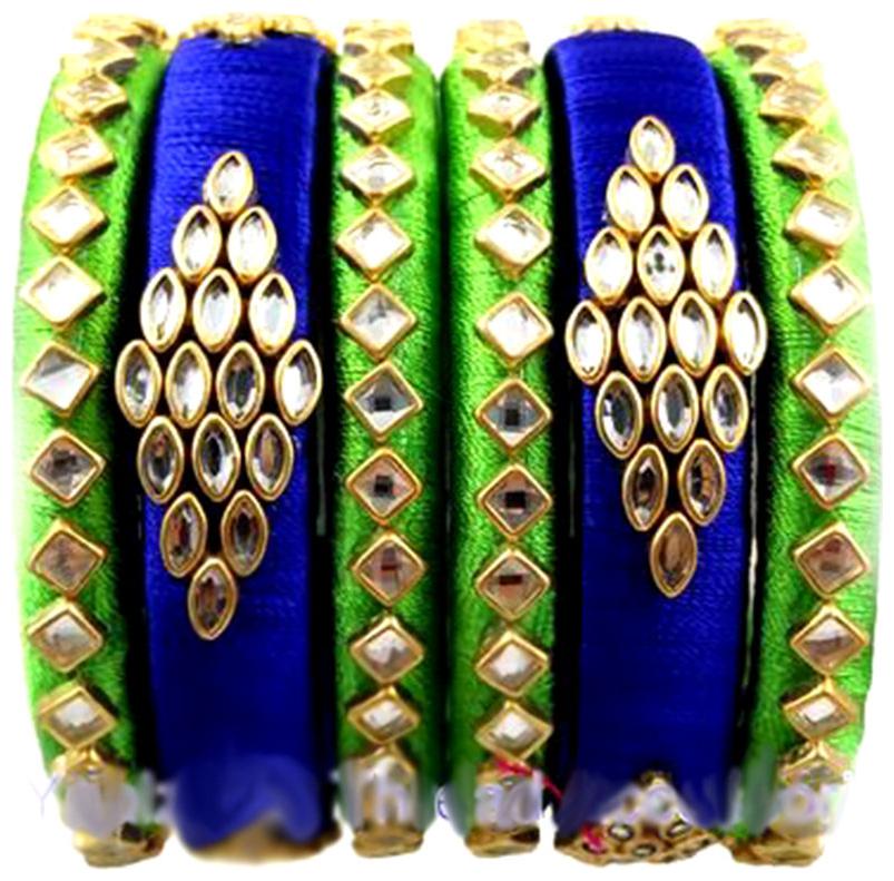 

Blue jays hub silk thread bangles green and navy blue color set of 6