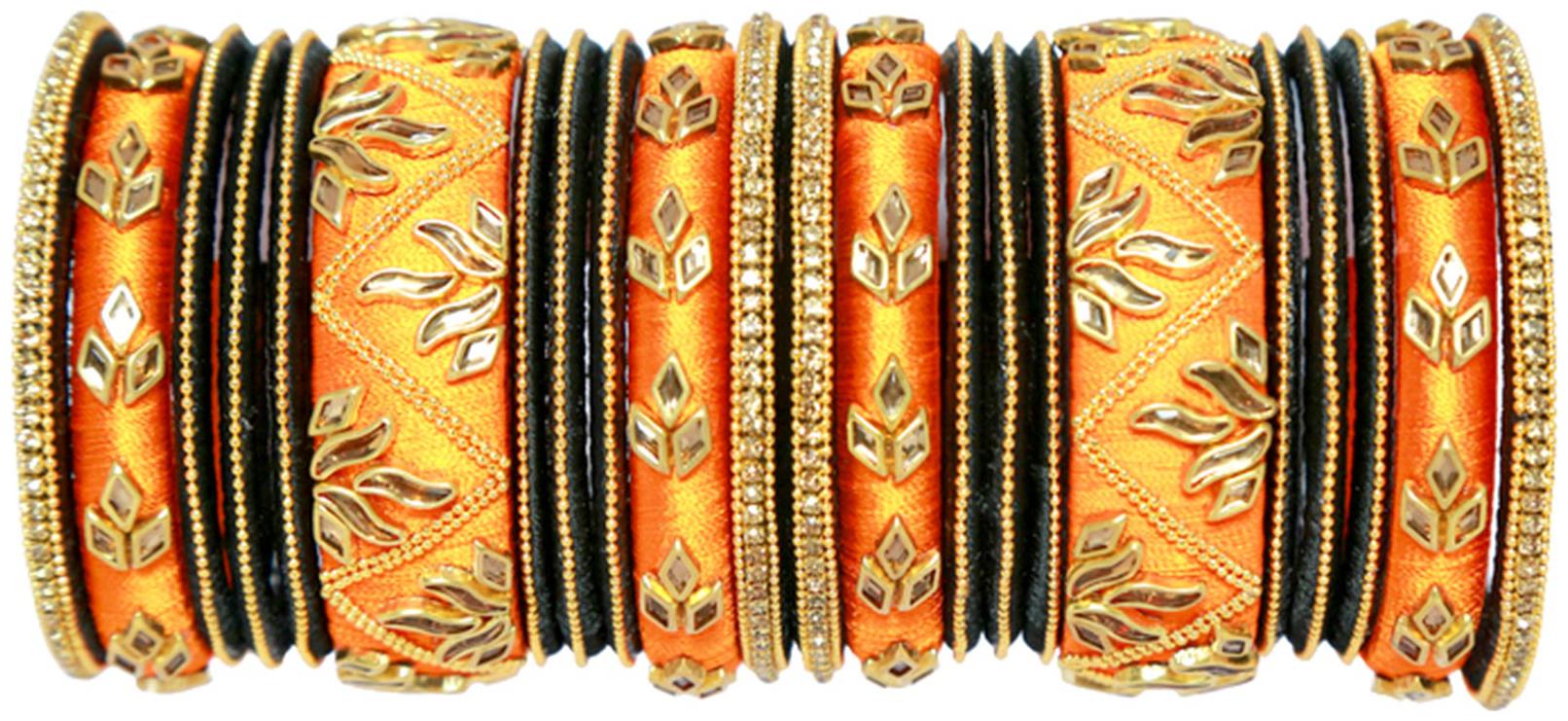 

Blue jays hub silk thread bangles orange gold and black color bangles set of 22