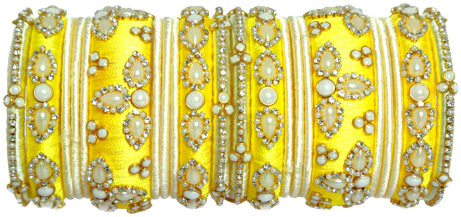 

Blue jays hub silk thread bangles yellow and cream color set of 22