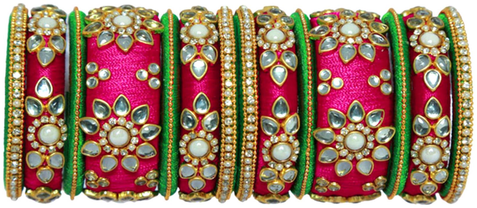 

Blue jays hub silk thread bangles green and pink set of 14