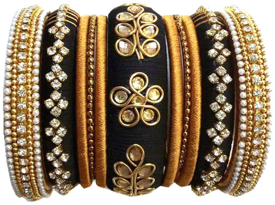 

Blue jays hub silk thread bangles black and gold color set of 11