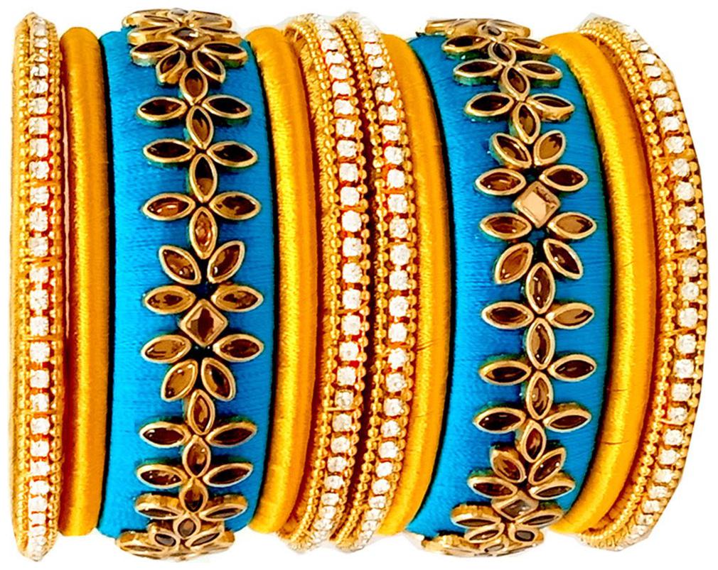 

Blue jays hub silk thread bangles Blue and gold color set of 10