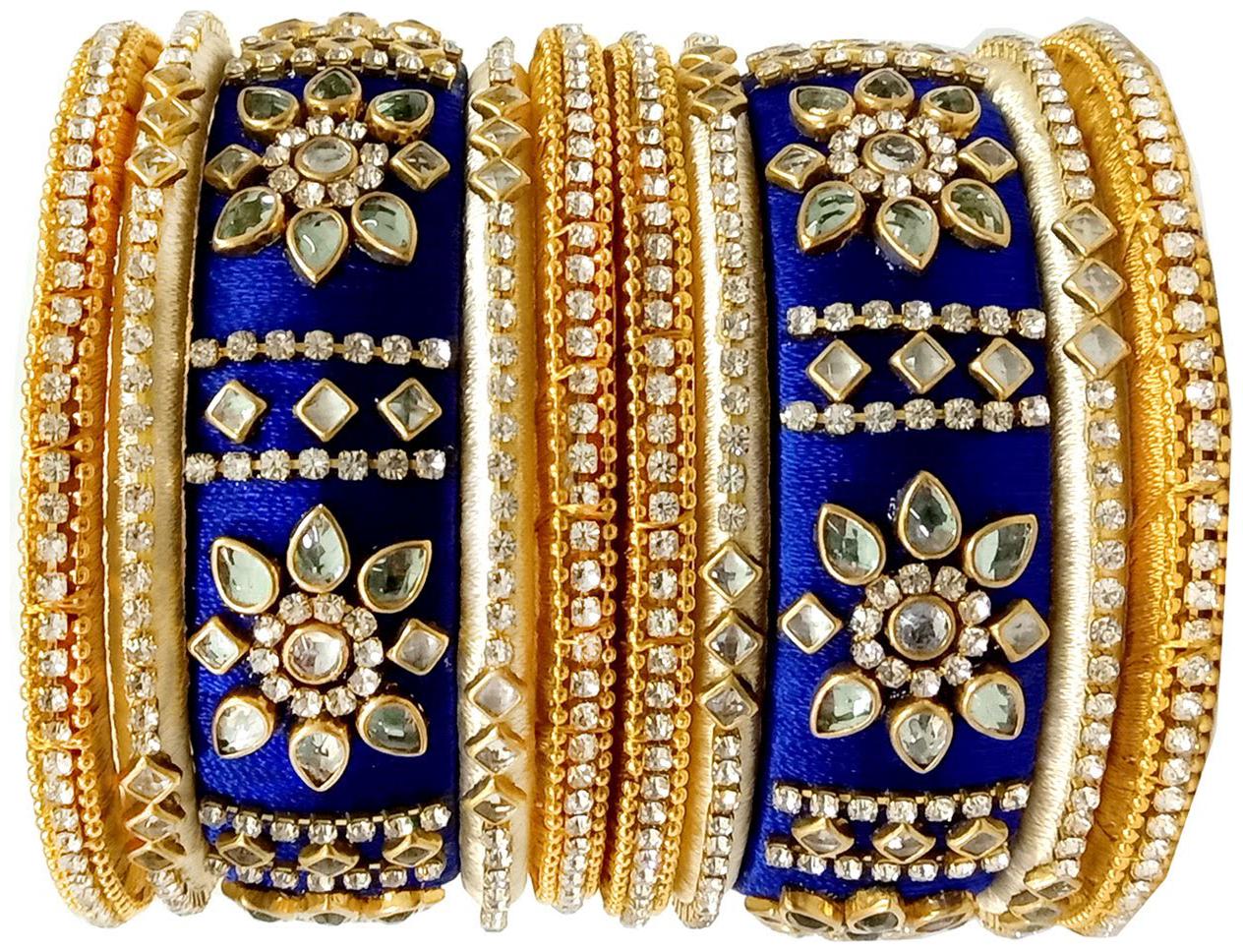 

Blue jays hub silk thread bangles Navy blue and Off white color set of 10