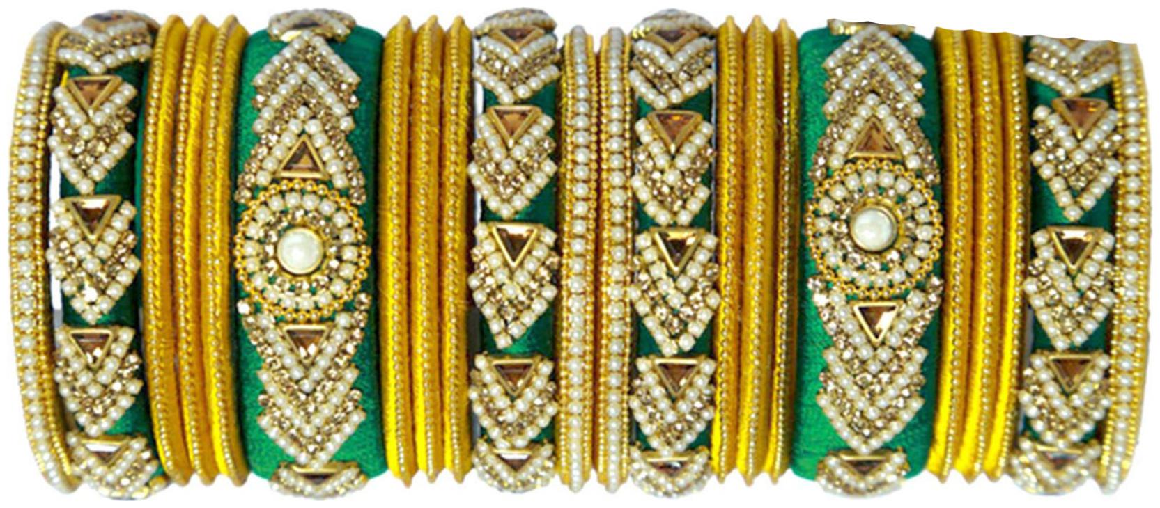 

Blue jays hub silk thread bangles gold and green set of 22