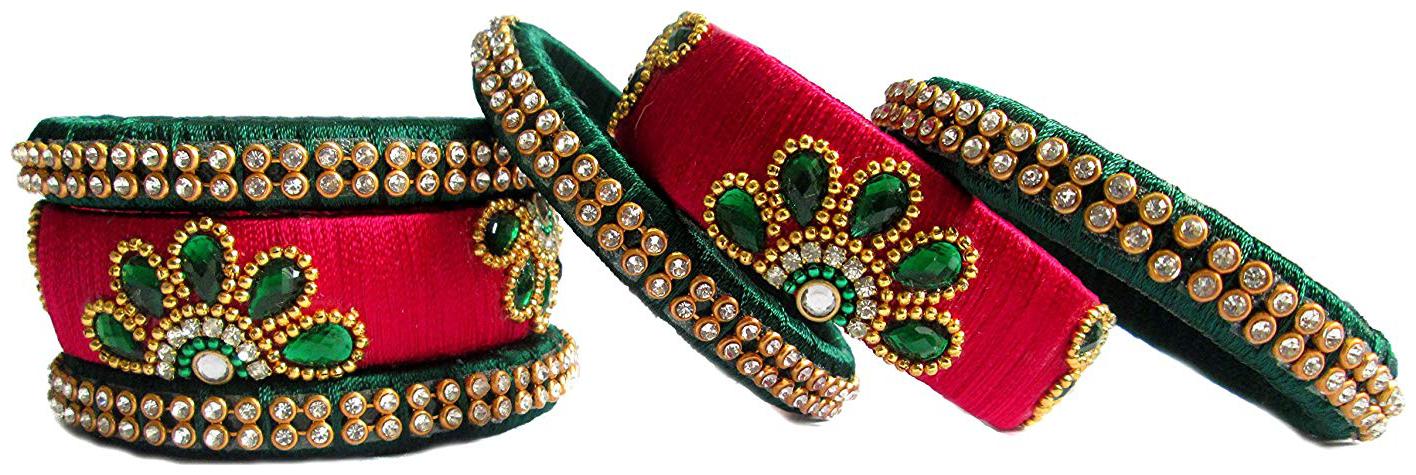 

Blue jays hub silk thread bangles dark green and red color set of 6