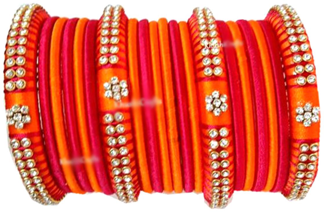 

Blue jays hub silk thread bangles maroon and orange color set of 20