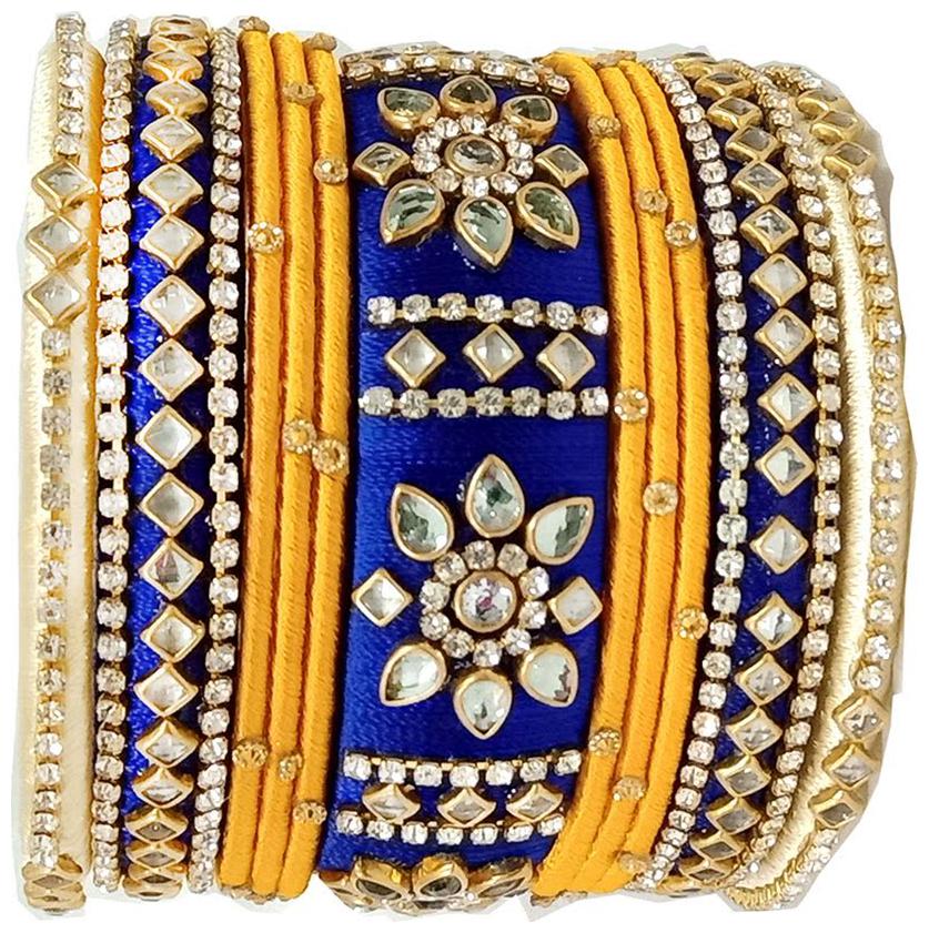 

Blue jays hub silk thread bangles Navy blue Yellow and Off white color set of 11