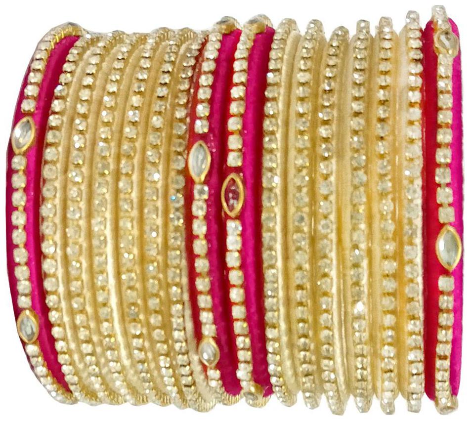 

Blue jays hub silk thread bangles Pink and Off white color set of 16