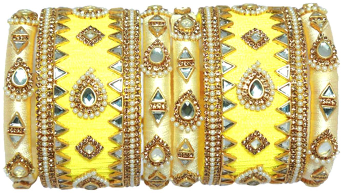 

Blue jays hub silk thread bangles cream and yellow color set of 10