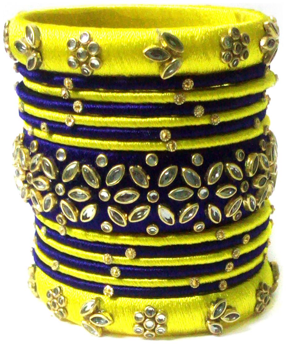 

Blue jays hub silk thread bangles yellow and navy blue color set of 15