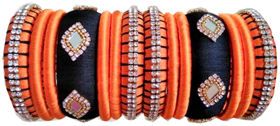 

Blue jays hub silk thread bangles orange and black color set of 14