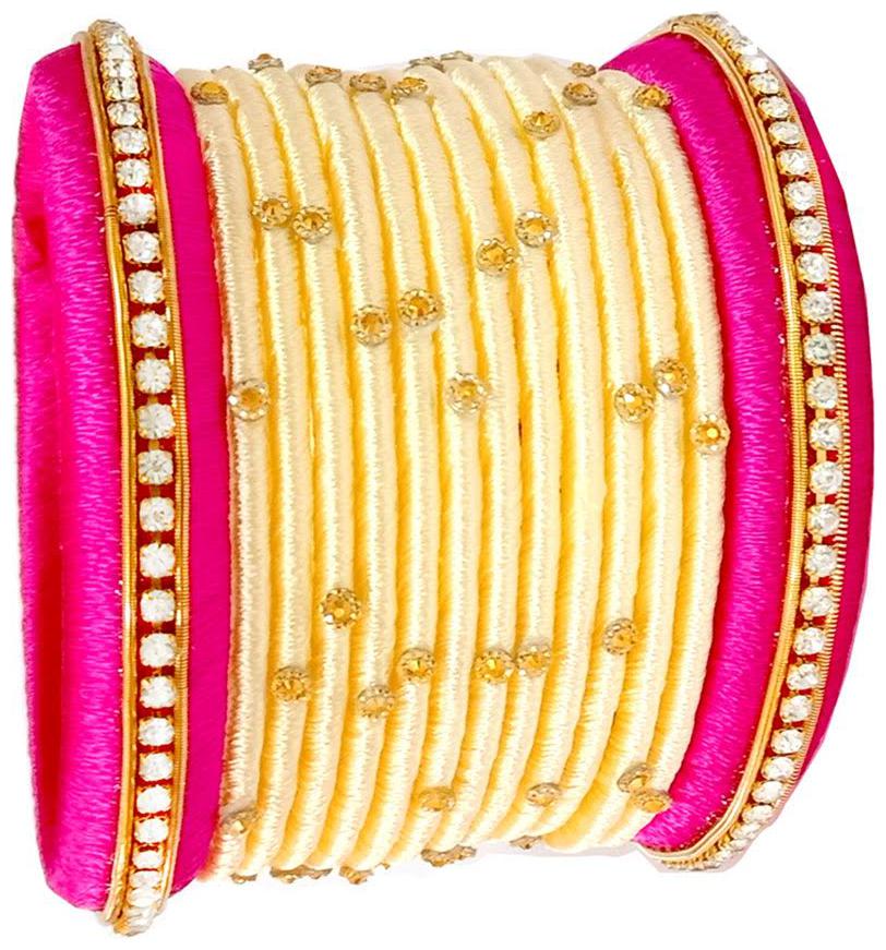 

Blue jays hub silk thread bangles pink and Off white set of 14