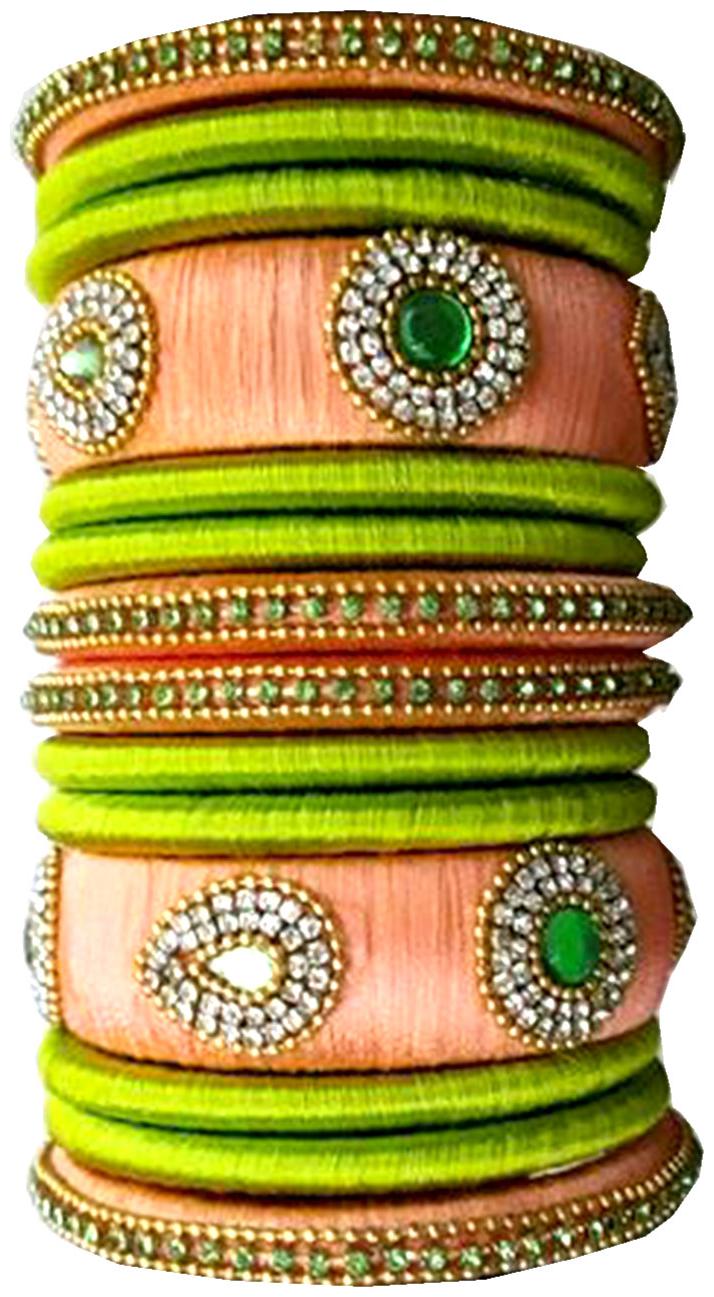 

Blue jays hub silk thread bangles green and peach color set of 14