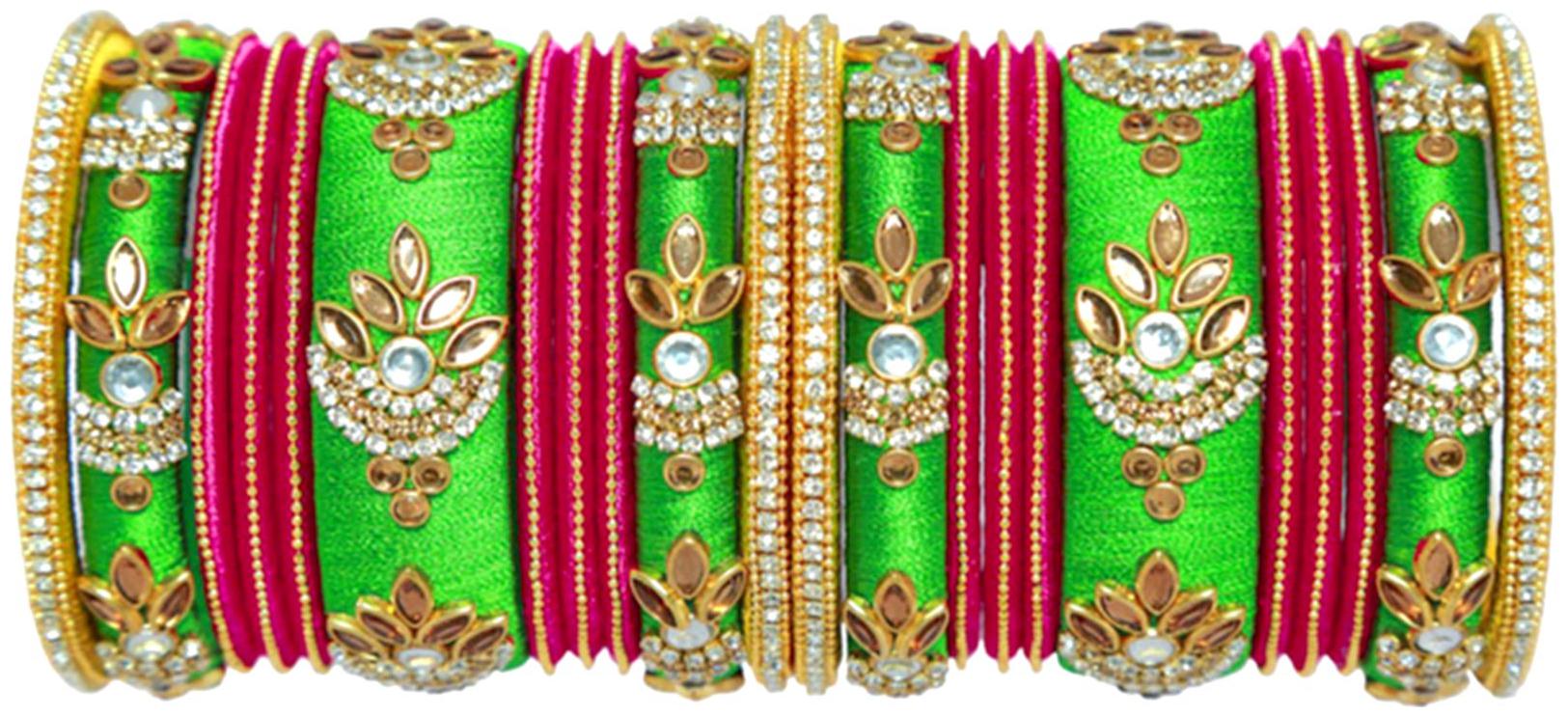 

Blue jays hub silk thread bangles red and green color set of 22