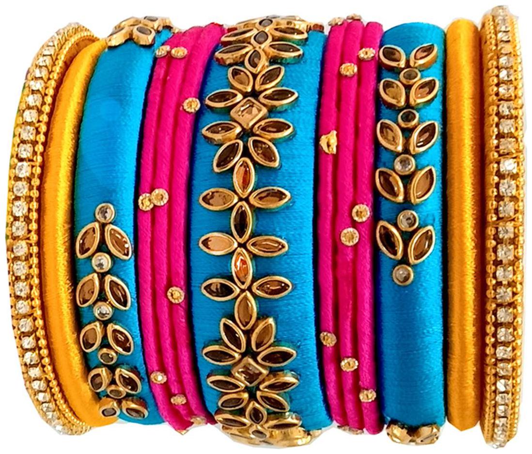 

Blue jays hub silk thread bangles blue yellow and pink color set of 13