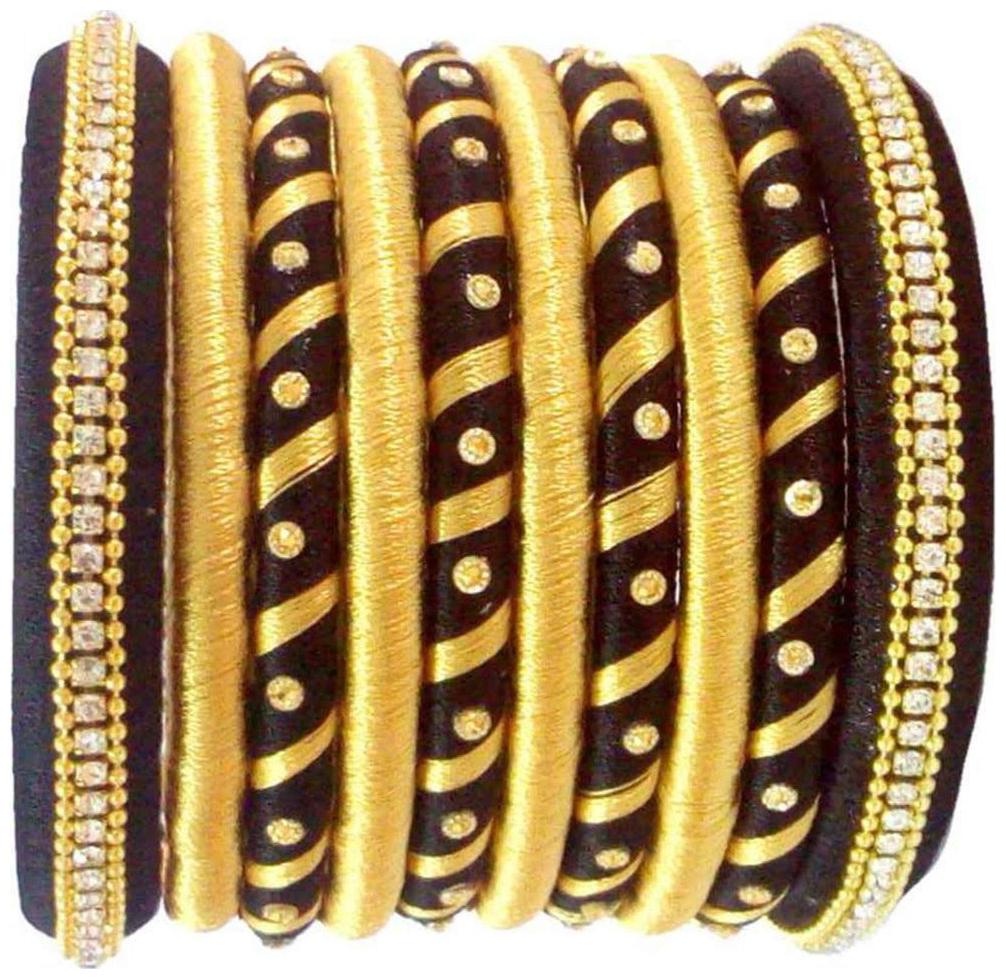 

Blue jays hub silk thread bangles black and gold color set of 10