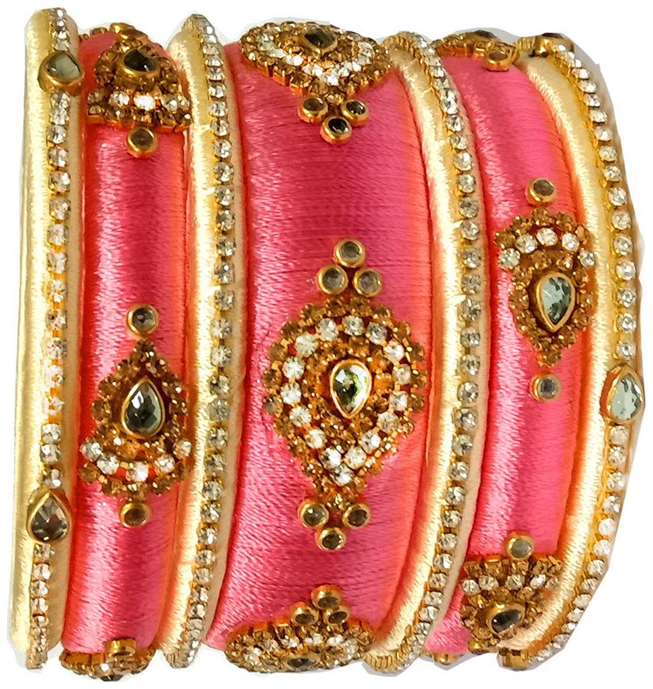 

Blue jays hub silk thread bangles Peach and Off white color set of 7