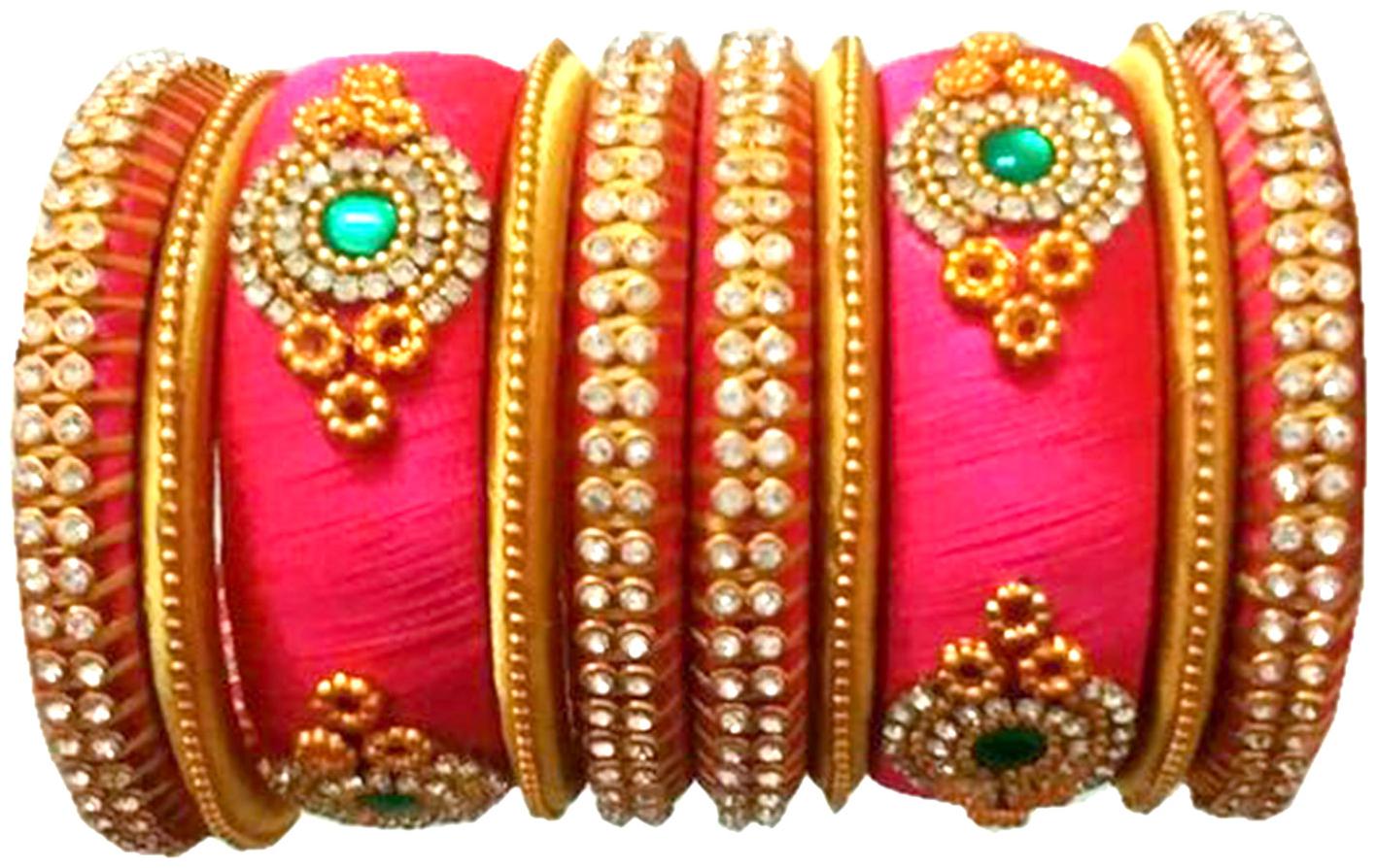 

Blue jays hub silk thread bangles gold and pink color set of 10