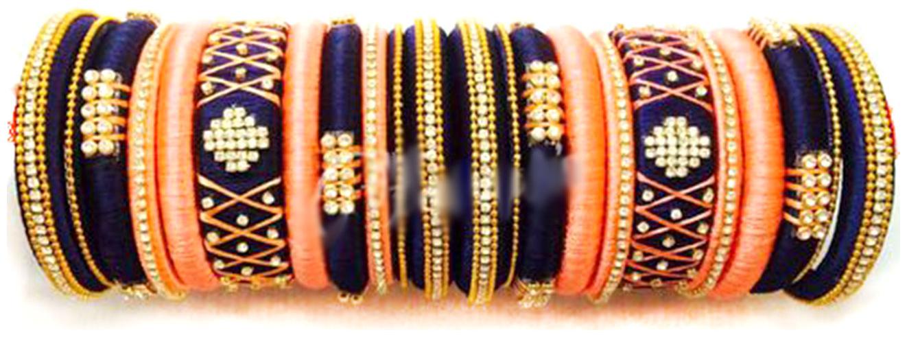 

Blue jays hub silk thread bangles peach and dark blue colors set of 22