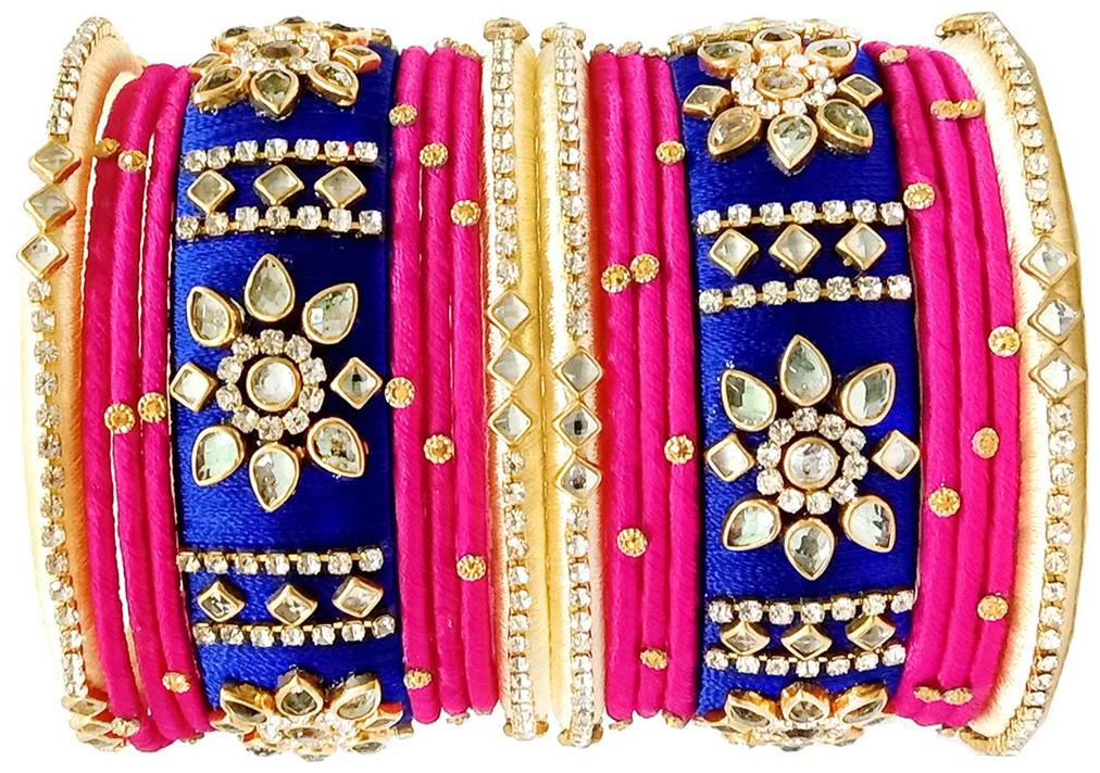 

Blue jays hub silk thread bangles Pink Navy blue Off white color set of 18