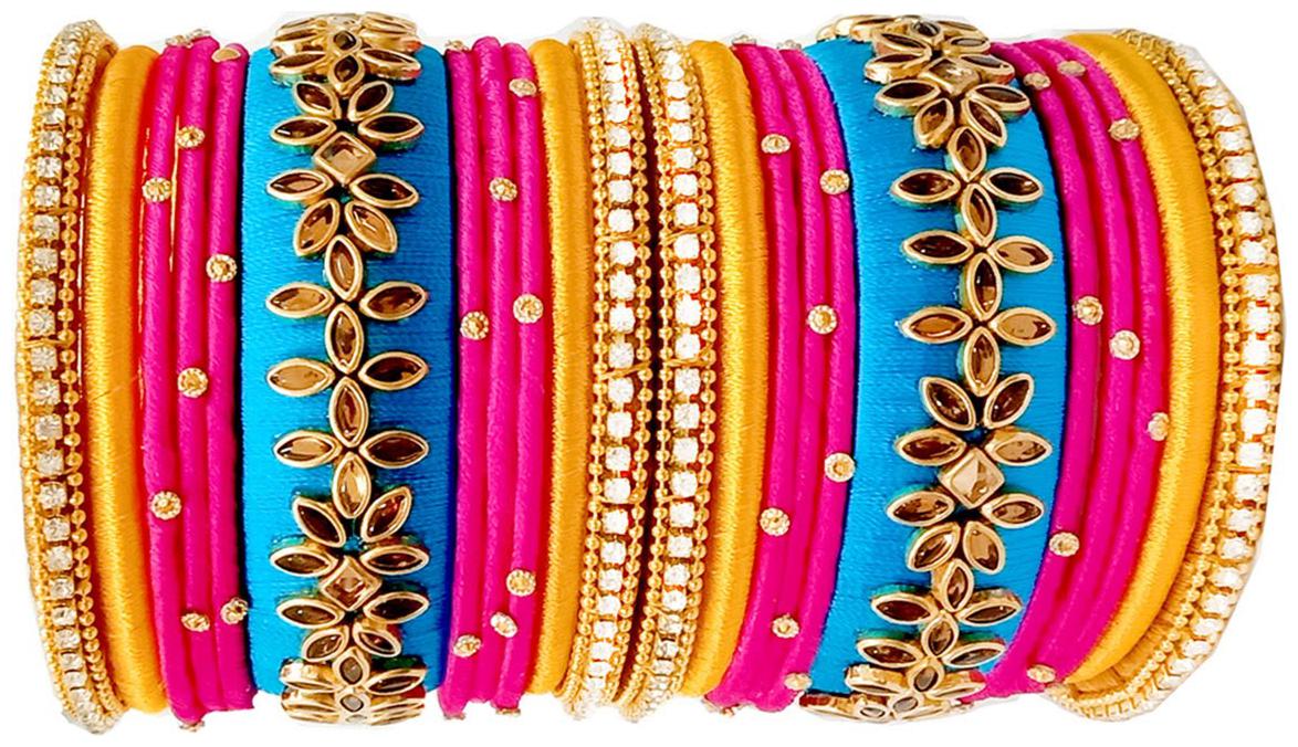 

Blue jays hub silk thread bangles blue gold pink colorsset of 22