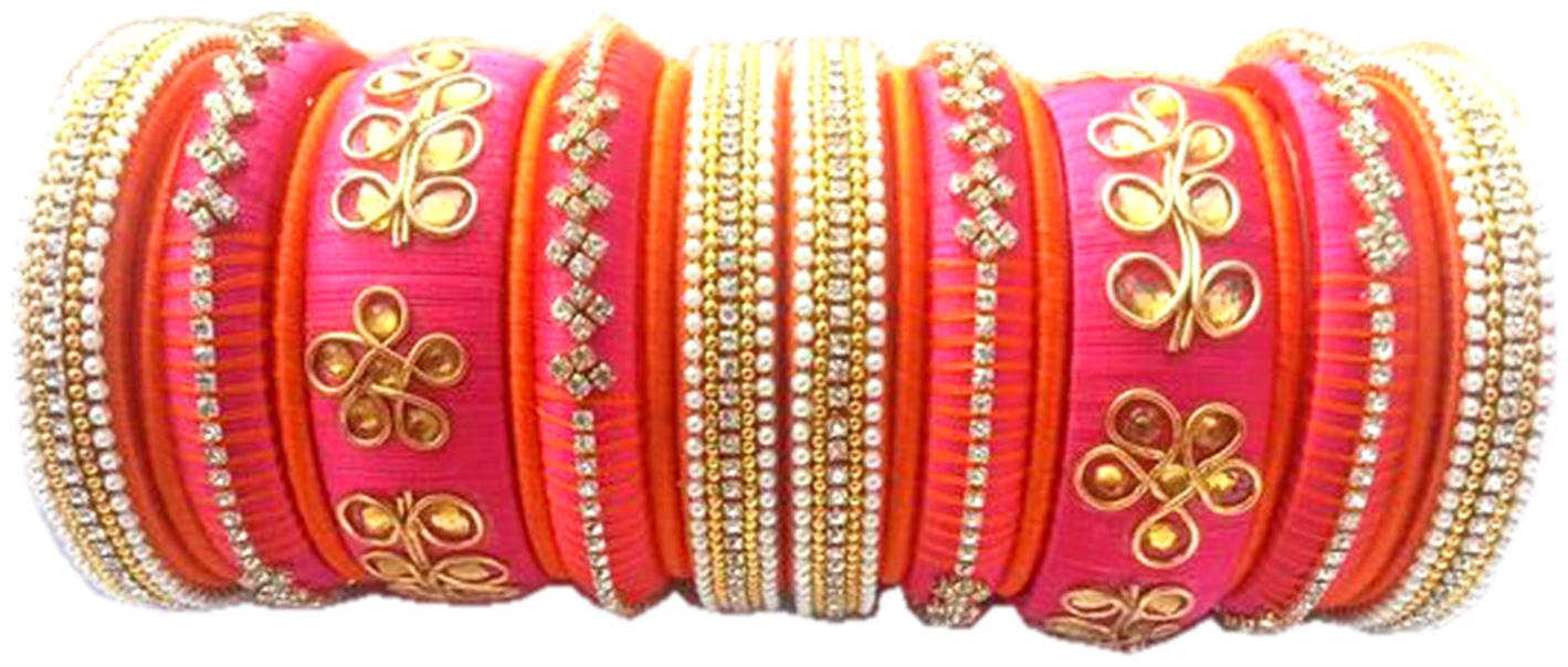 

Blue jays hub silk thread bangles pink and red color bangles set of 18