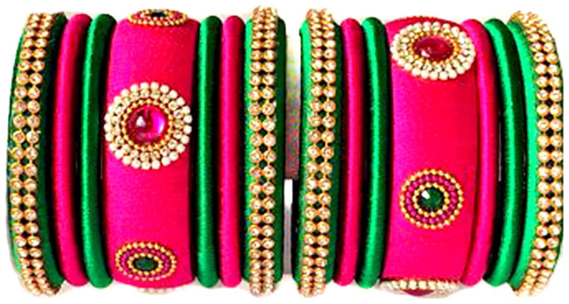 

Blue jays hub silk thread bangles pink and green color set of 14
