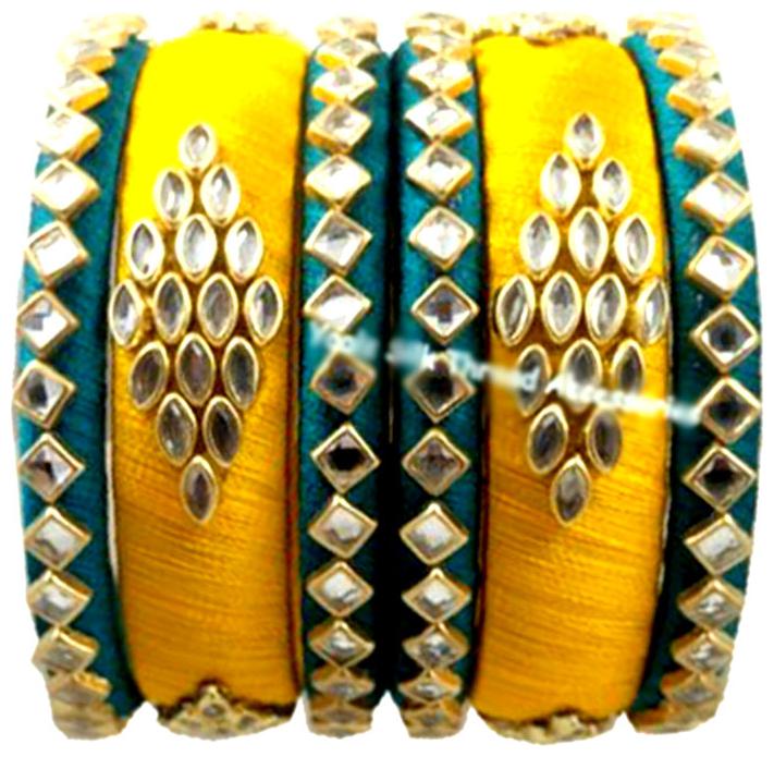 

Blue jays hub silk thread bangles green and yellow set of 6