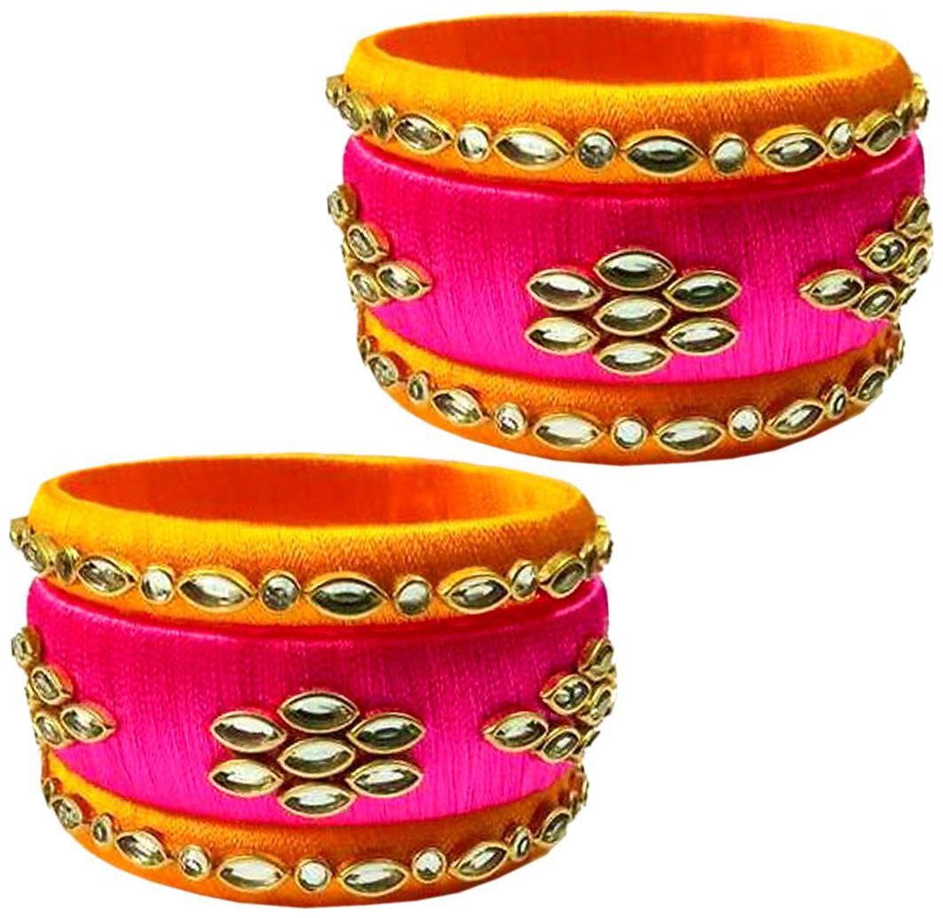 

Blue jays hub silk thread bangles orange and pink color set of 6