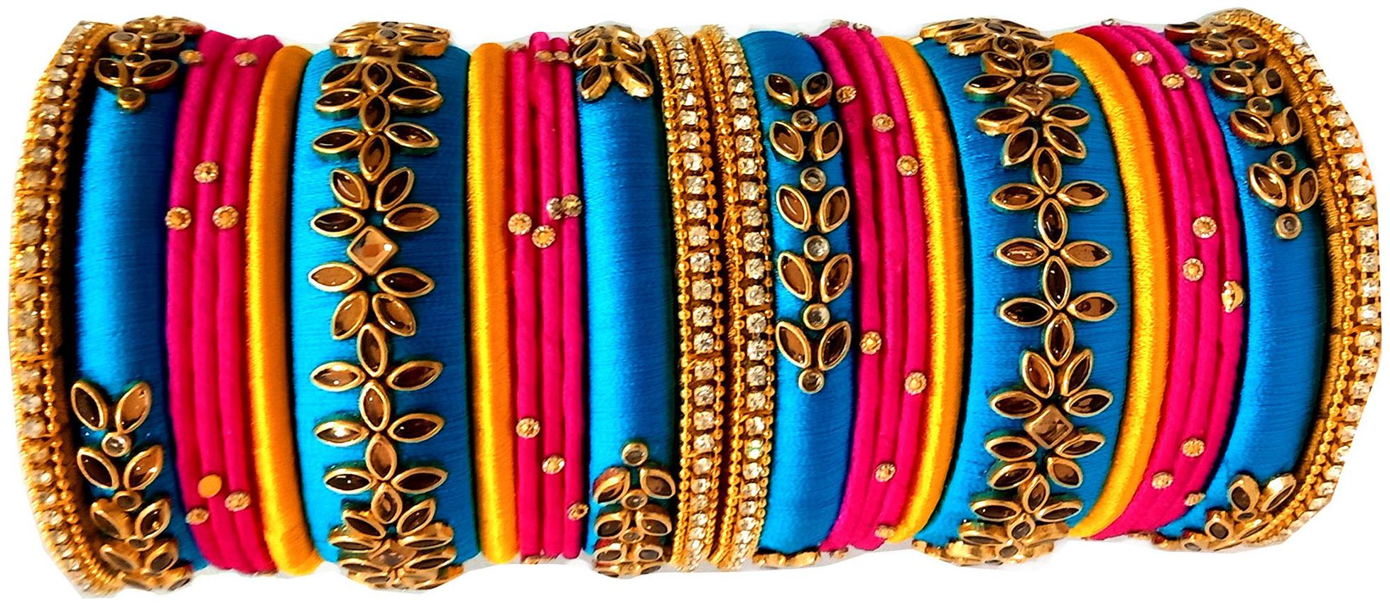 

Blue jays hub silk thread bangles Blue Gold and Pink COLOR SET OF 26