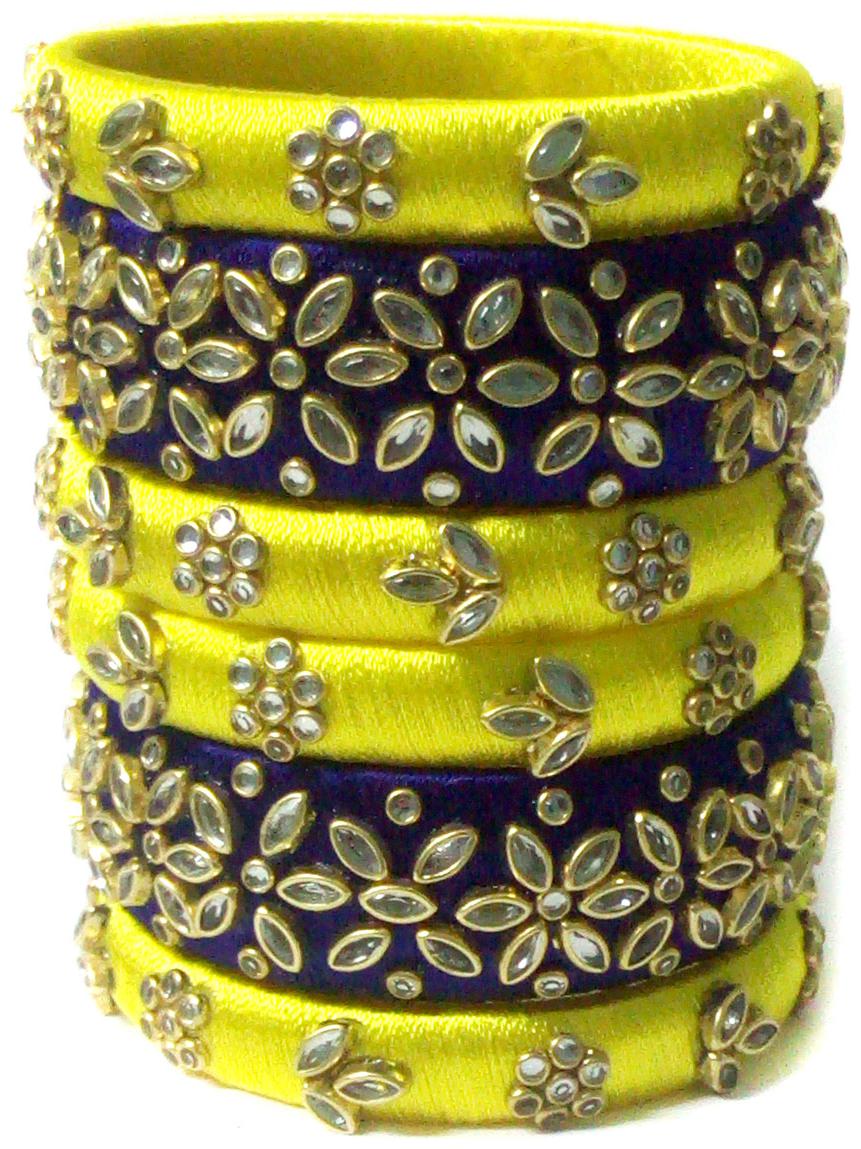 

Blue jays hub silk thread bangle yellow and navy blue color set of 6