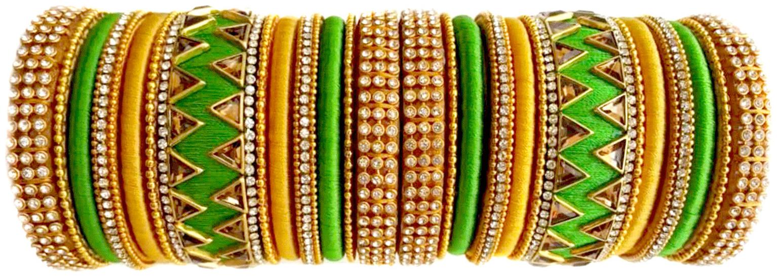 

Blue jays hub silk thread bangles green gold color set of 26