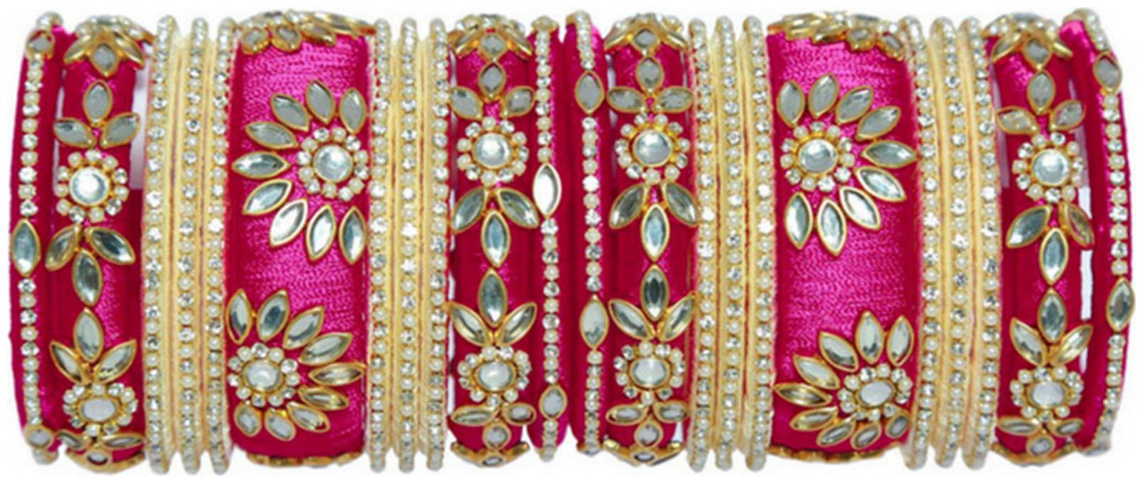 

Blue jays hub silk thread bangles cream and pink color set of 22