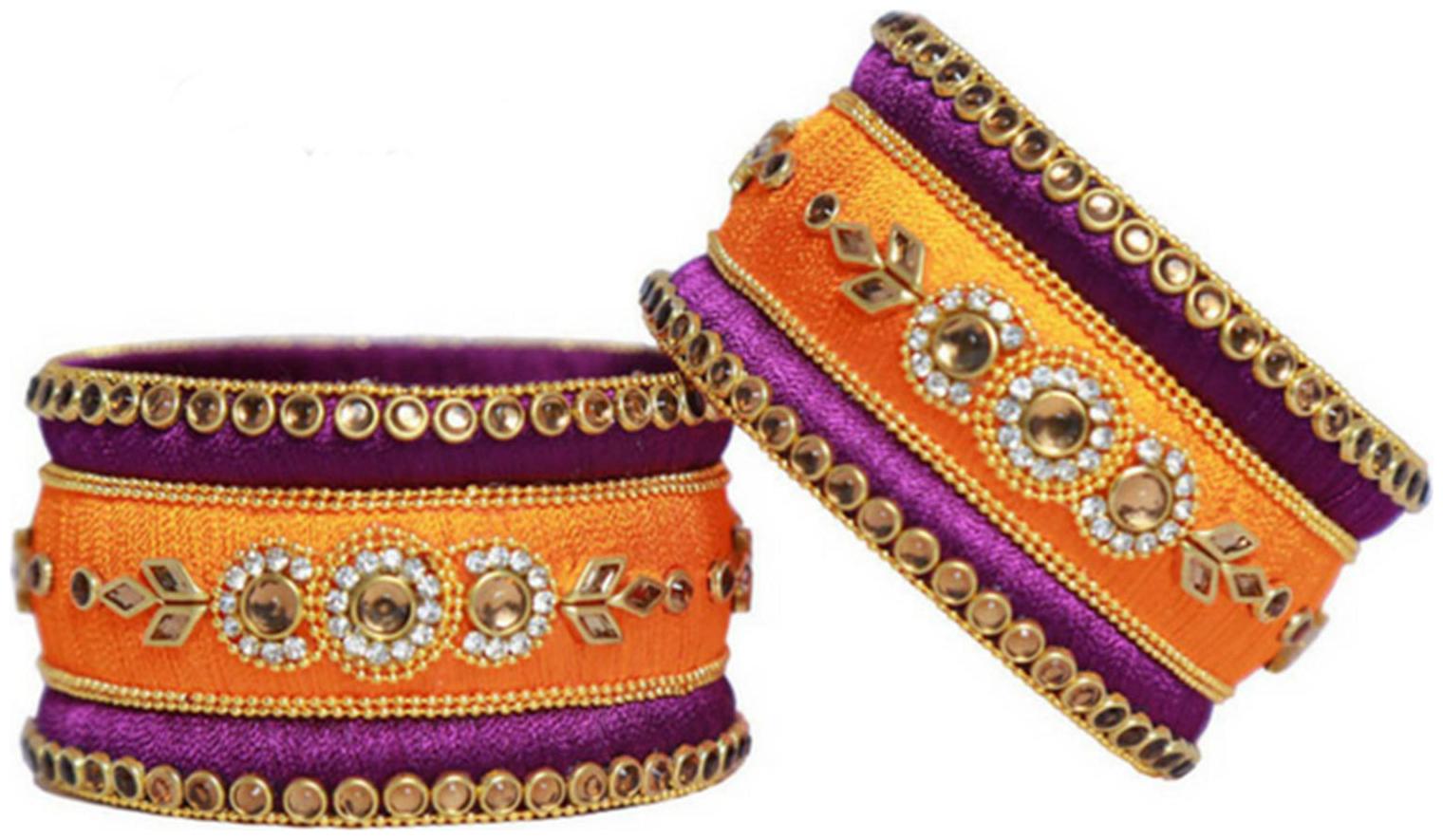 

Blue jays hub silk thread bangles orange and purple color setof 6