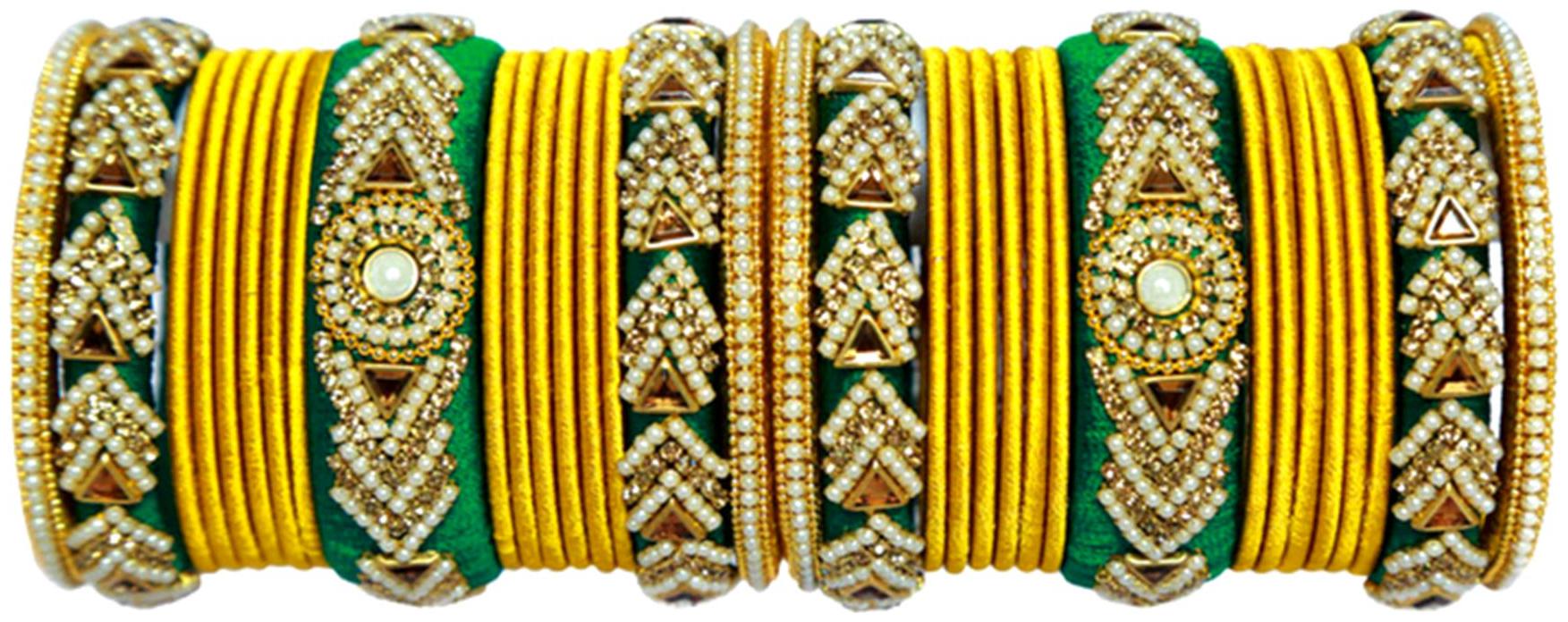 

Blue jays hub silk thread bangles gold and green color set of 34