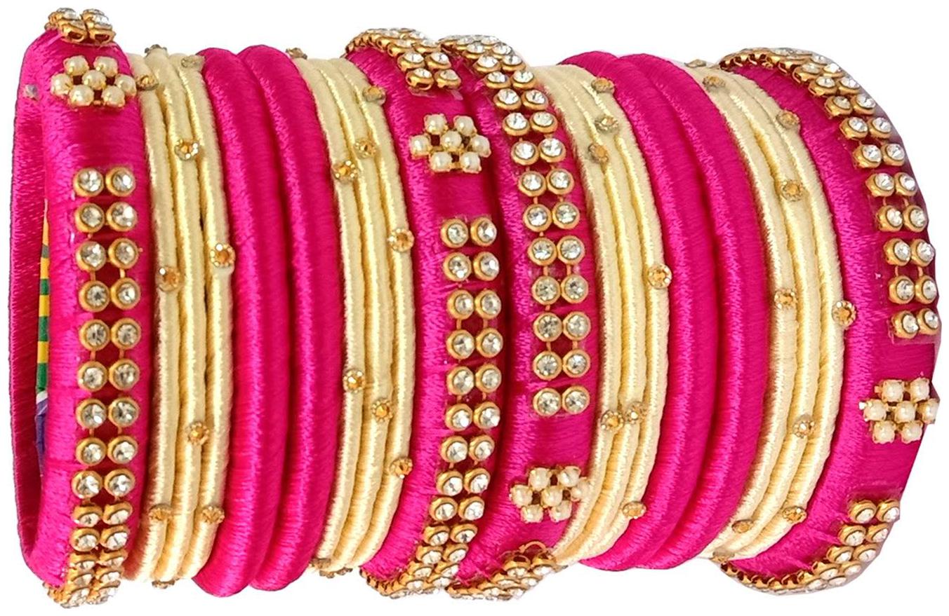 

Blue jays hub silk thread bangles Pink and Off white color set of 20