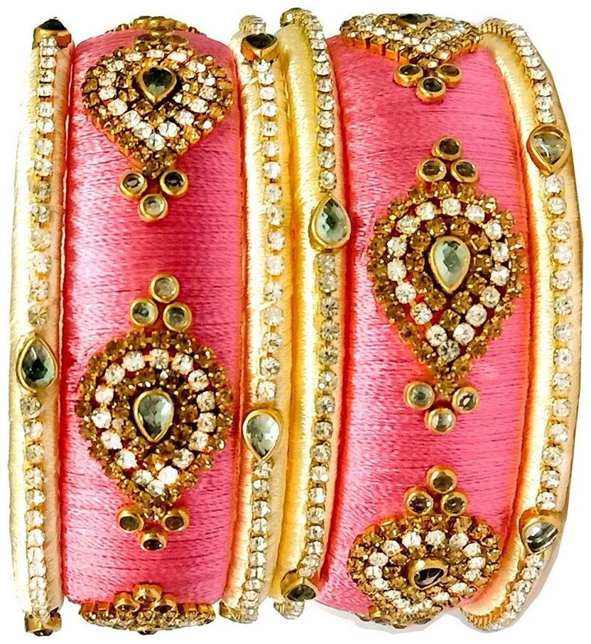 

Blue jays hub silk thread bangles Peach and Off white color set of 6