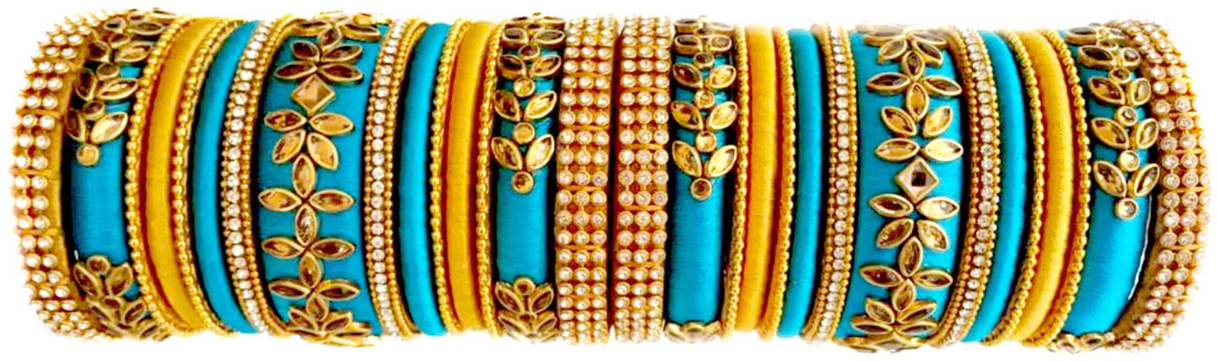 

Blue jays hub silk thread bangles light blue and gold color set of 30